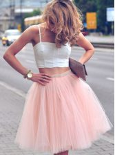 Dynamic Pink And White Tulle Zipper Prom Dresses Sleeveless Mini Length Ruffles