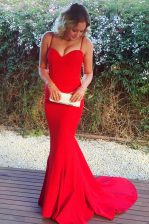  Mermaid Red Sleeveless With Train Ruching Zipper Prom Gown