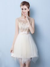 Affordable Scoop Champagne Lace Up Quinceanera Court Dresses Sequins and Bowknot Sleeveless Asymmetrical