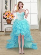 Flare Aqua Blue Sweetheart Lace Up Beading and Ruffles Prom Party Dress Sleeveless