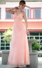 New Arrival Sleeveless Floor Length Beading Zipper Prom Gown with Baby Pink