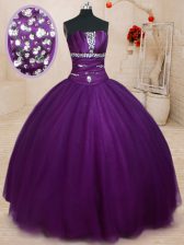 Inexpensive Floor Length Ball Gowns Sleeveless Dark Purple 15th Birthday Dress Lace Up