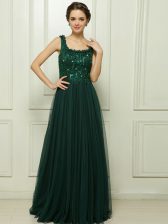 Free and Easy Dark Green Sleeveless Sweep Train Beading With Train Prom Party Dress