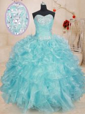 Fashion Blue Organza Lace Up Quinceanera Dress Sleeveless Floor Length Beading and Ruffles