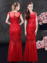 Elegant Mermaid Prom Party Dress Red Scoop Tulle Cap Sleeves Floor Length Zipper