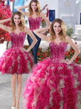 Fine Three Piece Hot Pink Lace Up 15th Birthday Dress Beading Sleeveless Floor Length