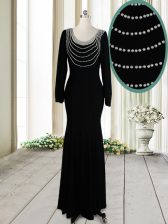 Top Selling Scoop Long Sleeves Elastic Woven Satin Dress for Prom Beading Backless