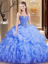 Deluxe Lavender Ball Gowns Sweetheart Sleeveless Organza Brush Train Lace Up Embroidery and Ruffles and Pick Ups 15 Quinceanera Dress