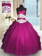  Sleeveless Taffeta and Tulle Floor Length Lace Up Vestidos de Quinceanera in Fuchsia with Beading and Lace and Ruching and Pick Ups