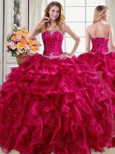 Beautiful Fuchsia Lace Up Sweet 16 Dresses Beading and Ruffles Sleeveless Floor Length