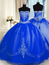  Royal Blue Lace Up Strapless Beading and Embroidery Quinceanera Dresses Organza Sleeveless