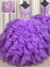 Modern Purple Organza Lace Up Sweetheart Sleeveless Floor Length 15 Quinceanera Dress Beading and Appliques and Ruffles