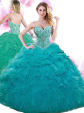 Classical Teal Sleeveless Beading and Ruffles and Pick Ups Floor Length Ball Gown Prom Dress