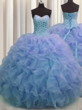 Great Blue Sweetheart Neckline Beading and Ruffles Ball Gown Prom Dress Sleeveless Lace Up