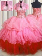  Visible Boning Bling-bling Sleeveless Organza Floor Length Lace Up 15th Birthday Dress in Rose Pink with Beading and Ruffled Layers