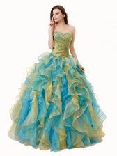  Multi-color A-line Beading and Ruffles and Ruching Ball Gown Prom Dress Lace Up Organza Sleeveless Floor Length