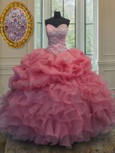  Pick Ups Pink Sleeveless Organza Lace Up Quinceanera Dress for Military Ball and Sweet 16 and Quinceanera