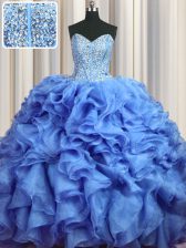 Superior Visible Boning Bling-bling Baby Blue Organza Lace Up Sweetheart Sleeveless With Train 15 Quinceanera Dress Brush Train Beading and Ruffles