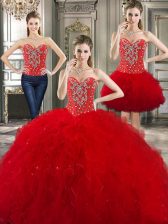 Best Selling Three Piece Red Sleeveless Tulle Lace Up Quince Ball Gowns for Military Ball and Sweet 16 and Quinceanera