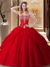 Romantic Red Sweet 16 Dresses Military Ball and Sweet 16 and Quinceanera with Embroidery Sweetheart Sleeveless Lace Up