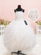 Low Price White Strapless Neckline Beading and Lace and Ruffles Flower Girl Dresses Sleeveless Zipper