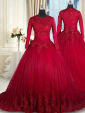  Wine Red Clasp Handle Scoop Beading and Lace and Bowknot Sweet 16 Quinceanera Dress Tulle Long Sleeves