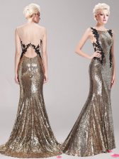  Mermaid Brown Clasp Handle Square Appliques and Sequins Prom Dresses Sequined Sleeveless Brush Train