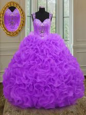 Super Straps Purple Ball Gowns Beading and Ruffles Sweet 16 Dress Zipper Organza Sleeveless Floor Length