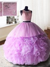 New Style Scoop Sleeveless Quinceanera Dress With Brush Train Beading and Lace and Ruffles Lilac Organza and Tulle and Lace