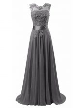 Flare Grey A-line Scoop Sleeveless Chiffon Brush Train Lace Up Beading and Appliques Homecoming Dress