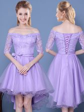  A-line Quinceanera Dama Dress Lavender Off The Shoulder Tulle Half Sleeves High Low Lace Up