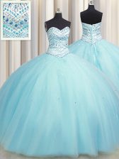 Low Price Bling-bling Big Puffy Aqua Blue Sleeveless Tulle Lace Up Quince Ball Gowns for Military Ball and Sweet 16 and Quinceanera