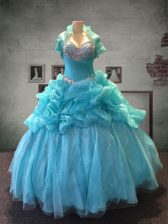 Stylish Aqua Blue Ball Gowns Sweetheart Sleeveless Organza and Tulle Floor Length Lace Up Beading and Pick Ups Quinceanera Gowns
