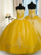  Gold Sleeveless Floor Length Beading and Embroidery Lace Up Sweet 16 Dresses