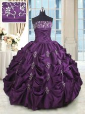 Glittering Taffeta Strapless Sleeveless Lace Up Beading and Appliques and Embroidery and Pick Ups Sweet 16 Dresses in Dark Purple