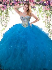 Sexy Sweetheart Sleeveless Lace Up Quinceanera Gowns Blue Tulle