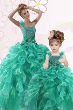Stunning Turquoise Lace Up One Shoulder Beading and Ruffles Quinceanera Dress Organza Sleeveless