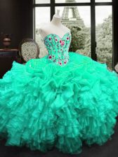 Custom Made Turquoise Ball Gowns Embroidery and Ruffles 15 Quinceanera Dress Lace Up Organza Sleeveless Floor Length
