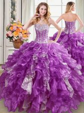  Sequins Purple Sleeveless Organza Lace Up Sweet 16 Quinceanera Dress for Military Ball and Sweet 16 and Quinceanera