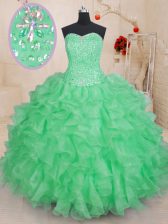  Green Ball Gowns Beading and Ruffles Quinceanera Dress Lace Up Organza Sleeveless Floor Length