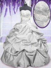  Silver Quinceanera Gowns Military Ball and Sweet 16 and Quinceanera with Embroidery and Pick Ups Strapless Sleeveless Lace Up