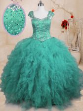 Sweet Floor Length Turquoise Quince Ball Gowns Tulle Cap Sleeves Beading and Ruffles