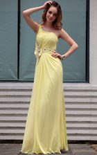 Exquisite One Shoulder Floor Length Light Yellow Prom Dress Chiffon Sleeveless Beading