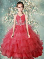 Popular Halter Top Watermelon Red Ball Gowns Beading and Ruffled Layers Juniors Party Dress Zipper Organza Sleeveless Floor Length