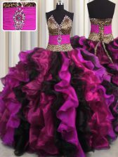  Leopard V Neck Floor Length Lace Up Quinceanera Dress Multi-color for Military Ball and Sweet 16 and Quinceanera with Beading and Ruffles