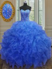  Organza Sweetheart Sleeveless Lace Up Beading and Ruffles Vestidos de Quinceanera in Blue