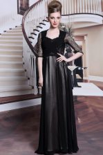 Dazzling Chiffon V-neck Half Sleeves Zipper Lace and Pleated Prom Dress in Black