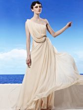 Designer One Shoulder Champagne Chiffon Side Zipper Prom Party Dress Sleeveless Floor Length Beading and Ruching