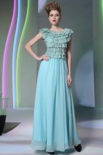 Glorious Scoop Lace Prom Gown Aqua Blue Side Zipper Cap Sleeves Floor Length