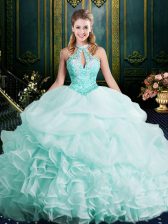  Halter Top Apple Green Ball Gowns Beading and Lace and Ruffles Ball Gown Prom Dress Clasp Handle Organza Sleeveless